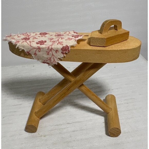 Miniature Wooden Ironing Board & Basket Iron Floral Cloth Dollhouse Laundry Room - Picture 3 of 9